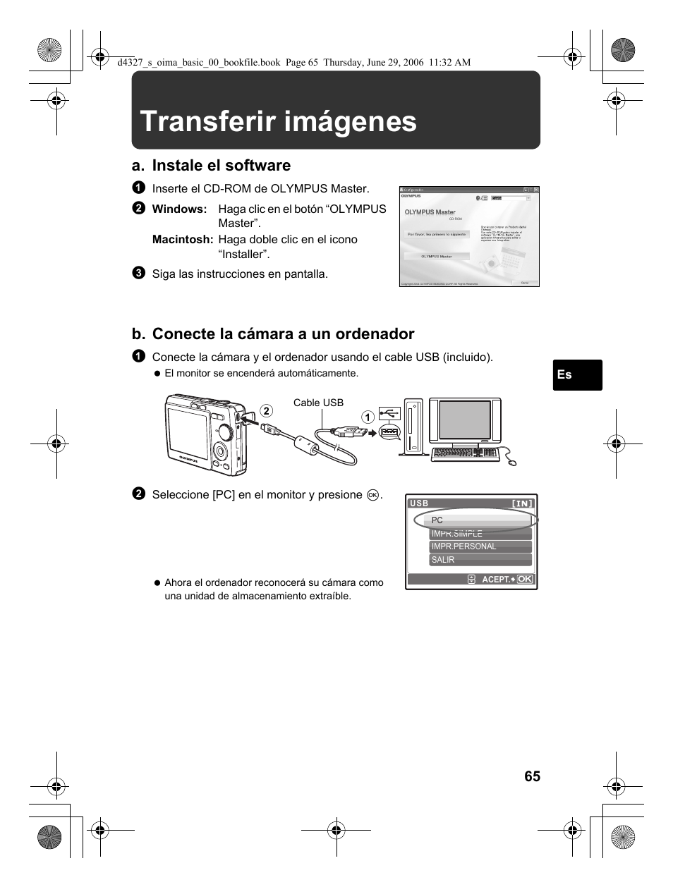 Transferir imágenes, A. instale el software, B. conecte la cámara a un ordenador | Olympus FE-190 User Manual | Page 65 / 100