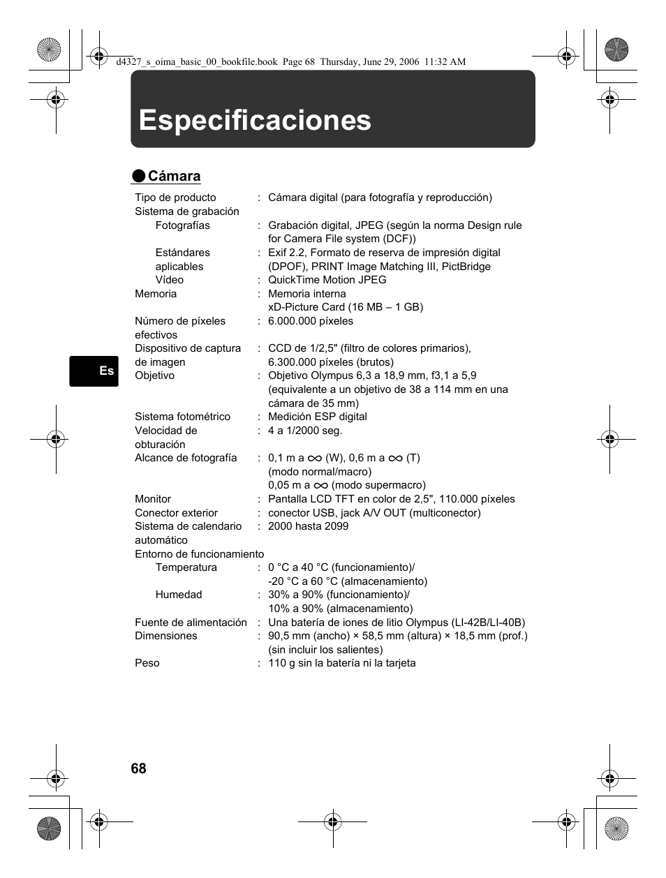 Especificaciones, Cámara | Olympus FE-190 User Manual | Page 68 / 100