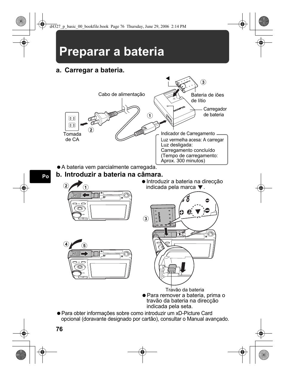 Preparar a bateria, A. carregar a bateria, B. introduzir a bateria na câmara | Olympus FE-190 User Manual | Page 76 / 100