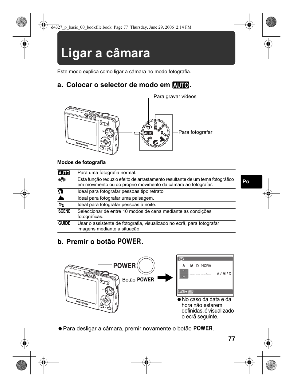 Ligar a câmara, A. colocar o selector de modo em h, B. premir o botão o | Olympus FE-190 User Manual | Page 77 / 100