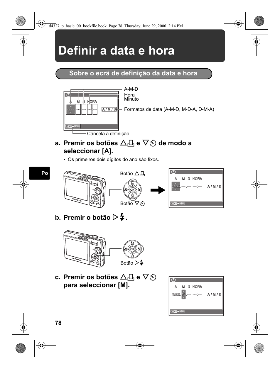 Definir a data e hora | Olympus FE-190 User Manual | Page 78 / 100