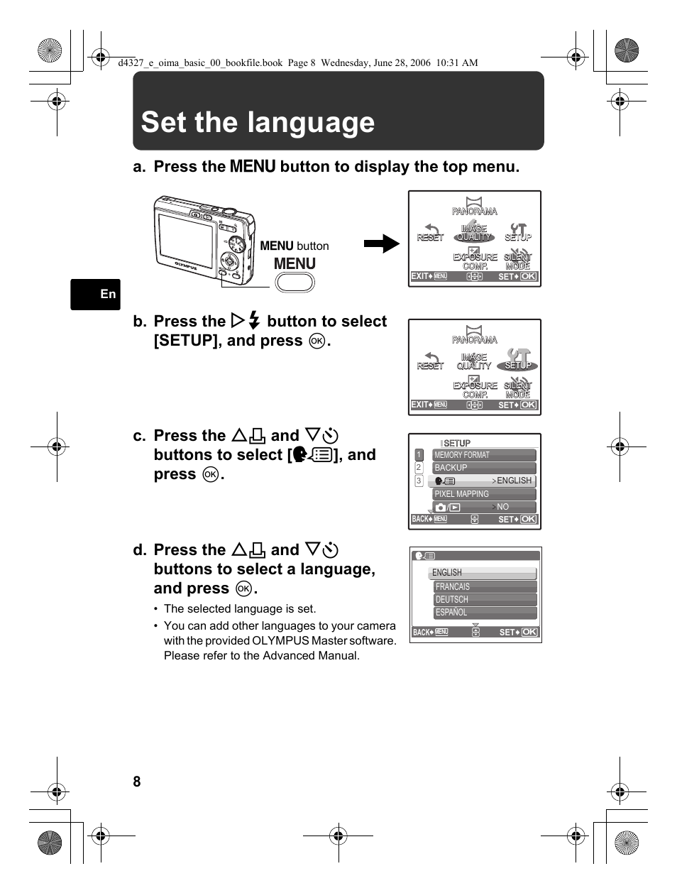 Set the language | Olympus FE-190 User Manual | Page 8 / 100