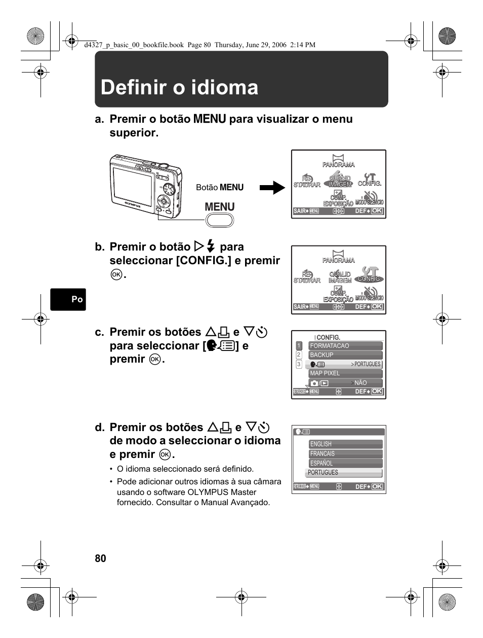 Definir o idioma | Olympus FE-190 User Manual | Page 80 / 100