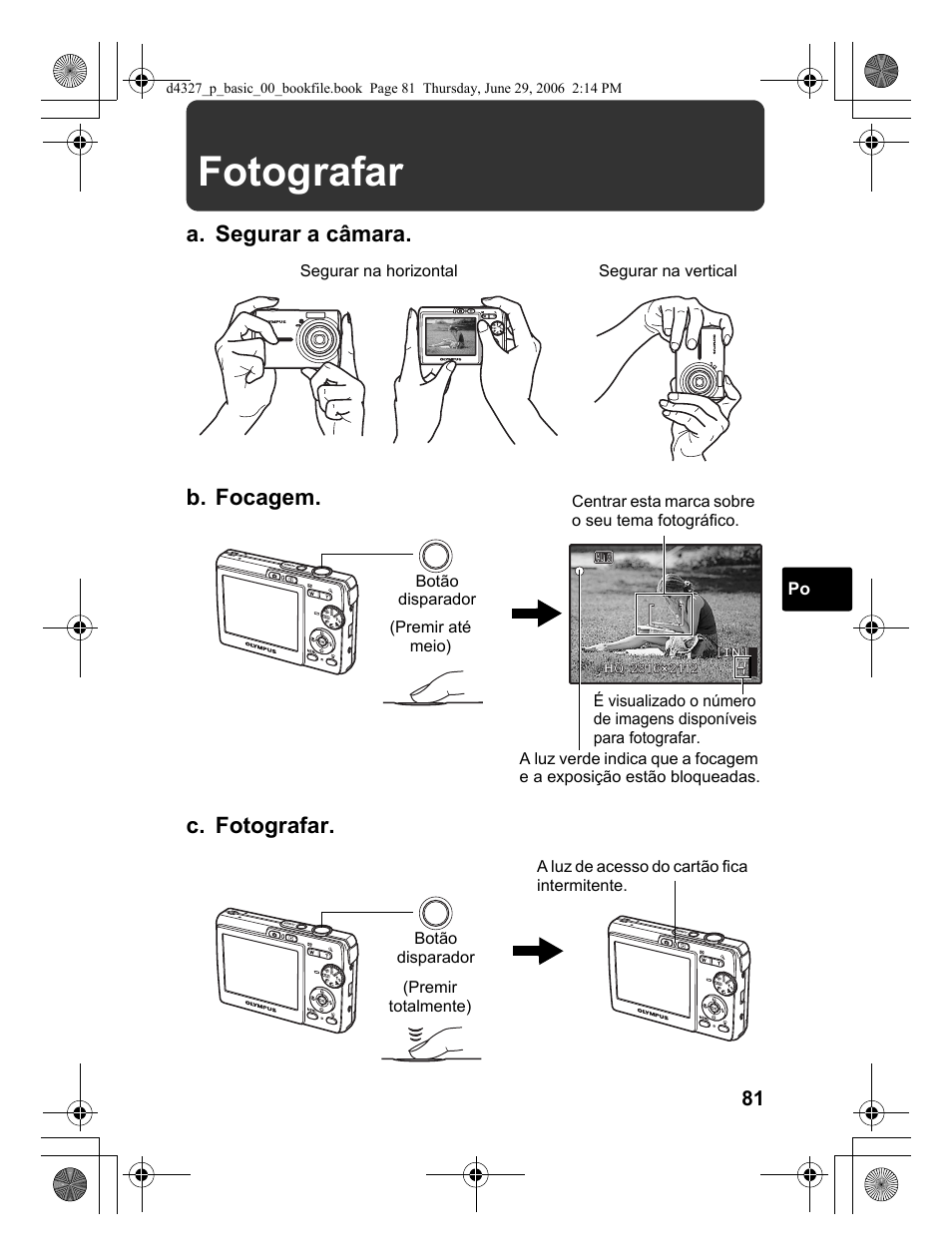 Fotografar, A. segurar a câmara. c. fotografar, B. focagem | Olympus FE-190 User Manual | Page 81 / 100