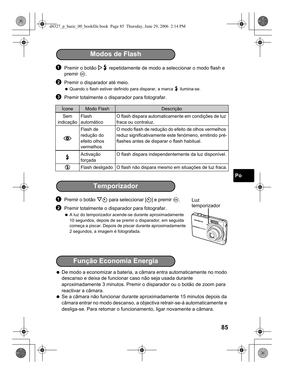 Modos de flash temporizador, Função economia energia | Olympus FE-190 User Manual | Page 85 / 100