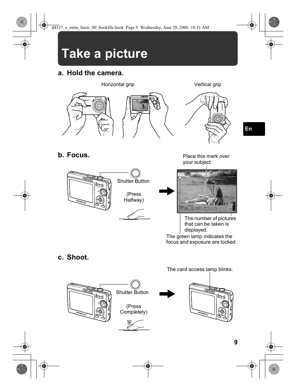 Take a picture, A. hold the camera. c. shoot, B. focus | Olympus FE-190 User Manual | Page 9 / 100