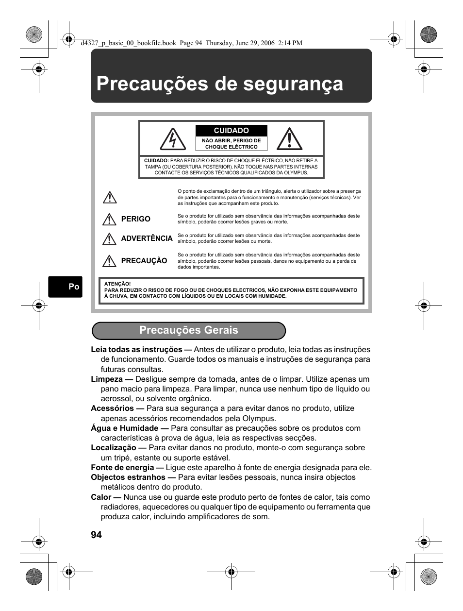 Precauções de segurança, Precauções gerais | Olympus FE-190 User Manual | Page 94 / 100