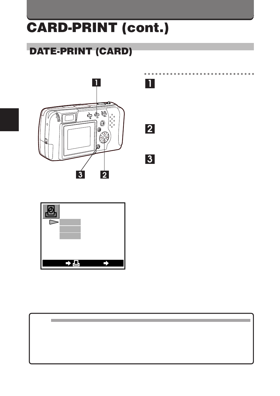 Card-print (cont.), Date-print (card) | Olympus D-460 Zoom User Manual | Page 104 / 138