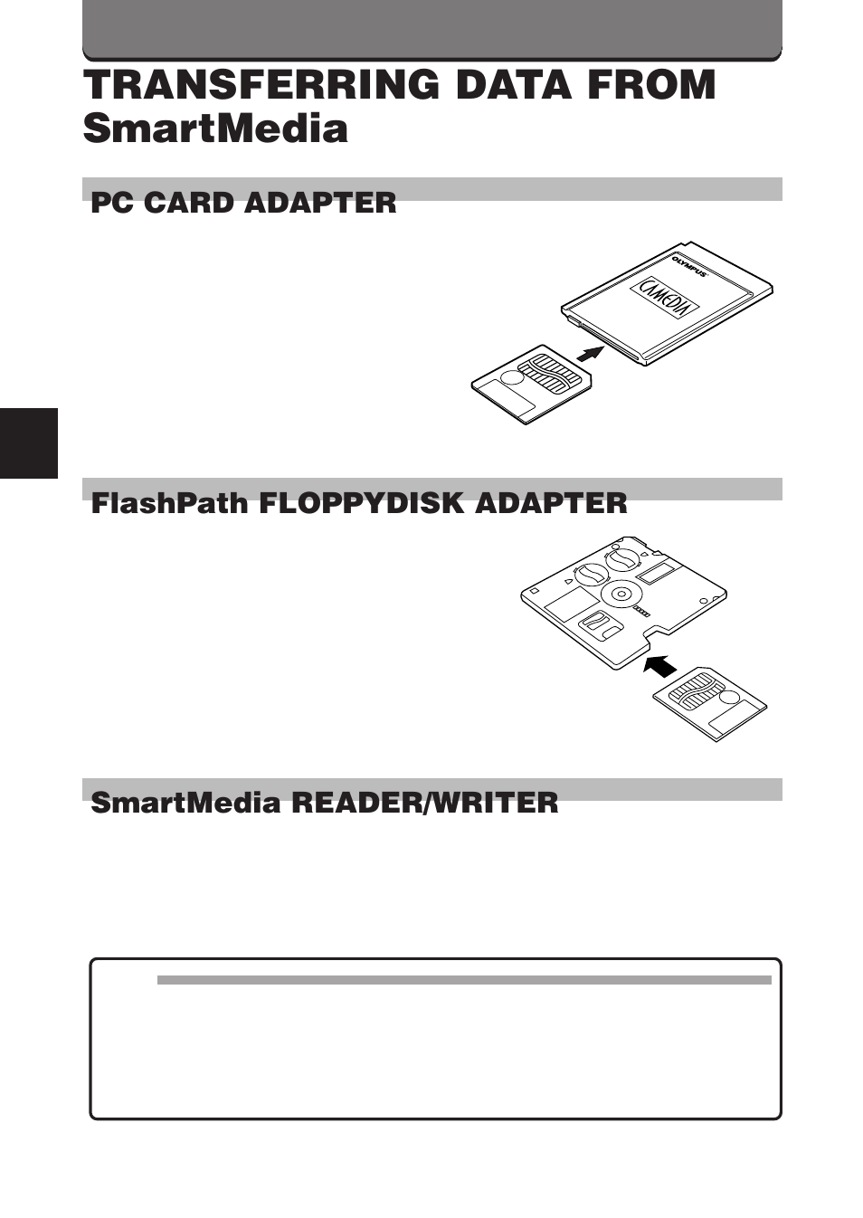 Transferring data from smartmedia, Pc card adapter, Flashpath floppydisk adapter | Smartmedia reader/writer | Olympus D-460 Zoom User Manual | Page 114 / 138