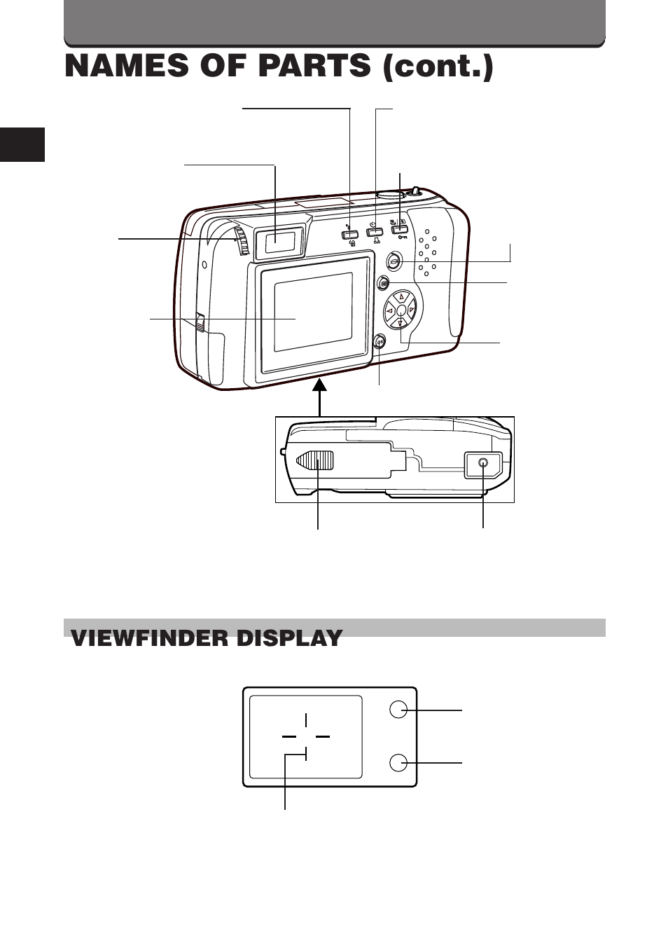 Names of parts (cont.), Viewfinder display | Olympus D-460 Zoom User Manual | Page 22 / 138