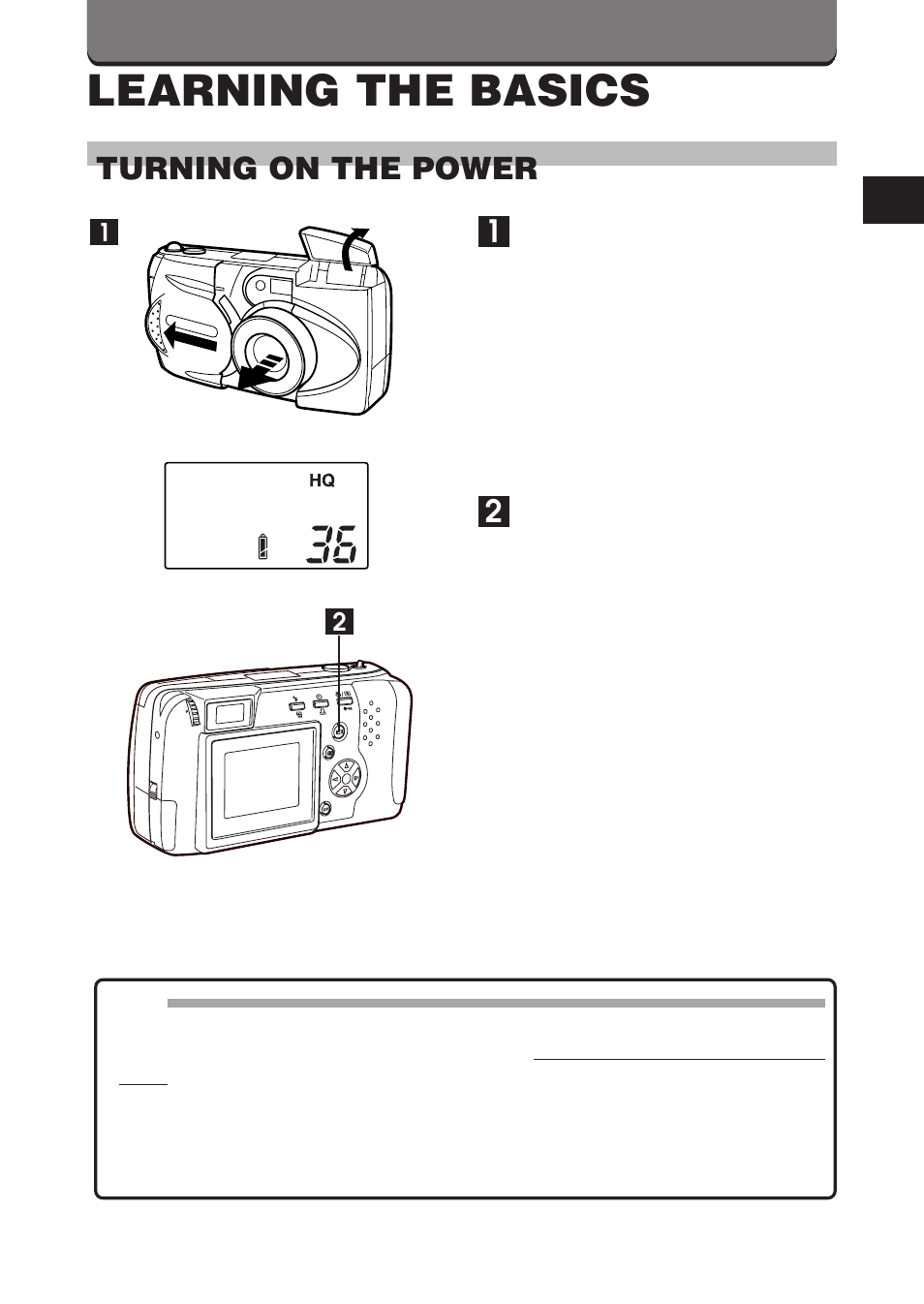 Learning the basics, Turning on the power | Olympus D-460 Zoom User Manual | Page 31 / 138