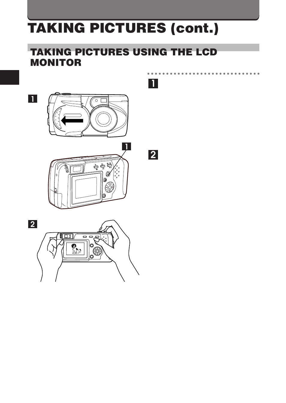 Taking pictures (cont.), Taking pictures using the lcd monitor | Olympus D-460 Zoom User Manual | Page 44 / 138