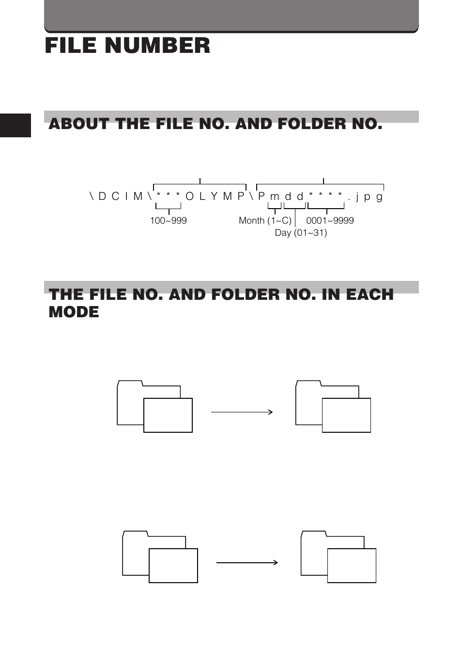 File number, About the file no. and folder no, The file no. and folder no. in each mode | Olympus D-460 Zoom User Manual | Page 78 / 138