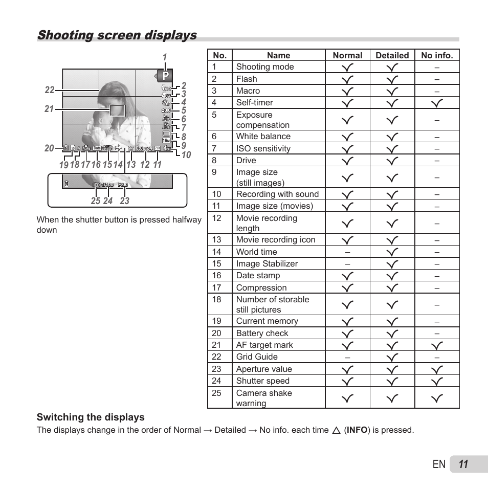 Shooting screen displays, 11 en | Olympus VR-370 User Manual | Page 11 / 78