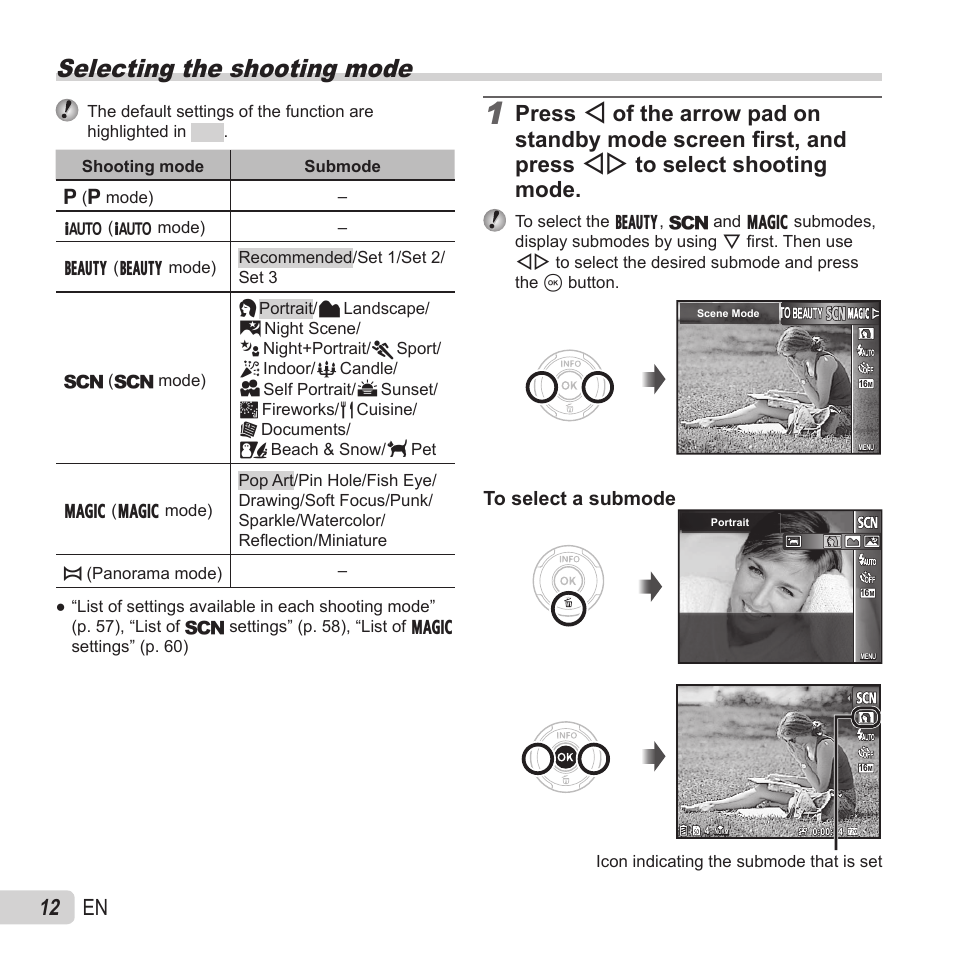 Selecting the shooting mode, 12 en | Olympus VR-370 User Manual | Page 12 / 78