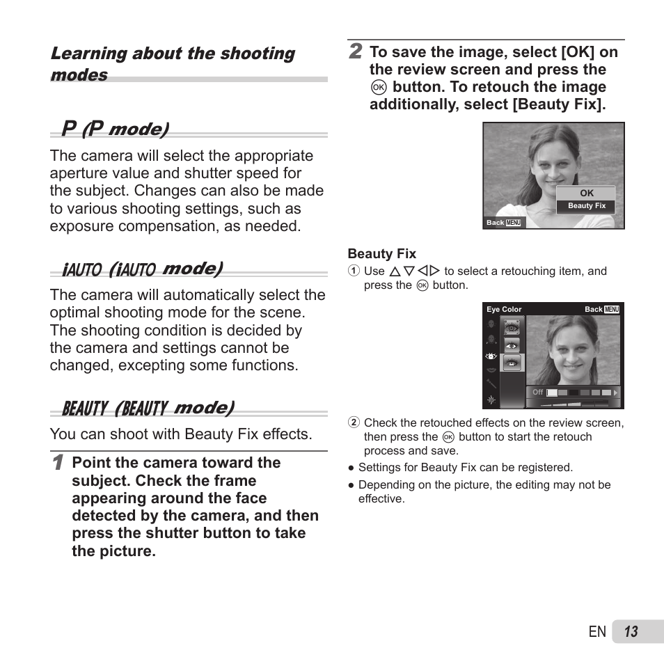 Learning about the shooting modes p ( p mode), M( m mode), Q( q mode) | Olympus VR-370 User Manual | Page 13 / 78