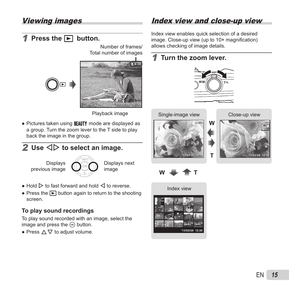 Playback, Viewing images, Index view and close-up view | 15 en, Press the q button, Use hi to select an image, Turn the zoom lever | Olympus VR-370 User Manual | Page 15 / 78