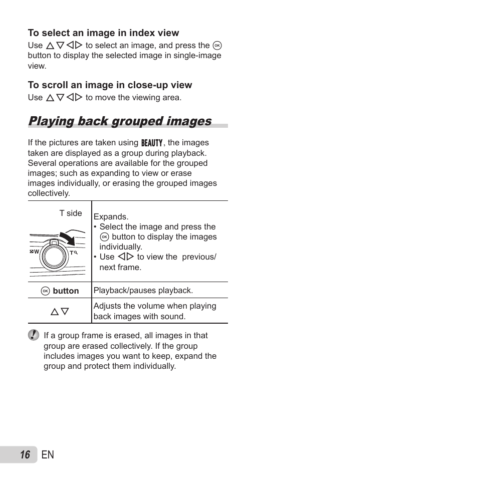 Playing back grouped images, 16 en | Olympus VR-370 User Manual | Page 16 / 78
