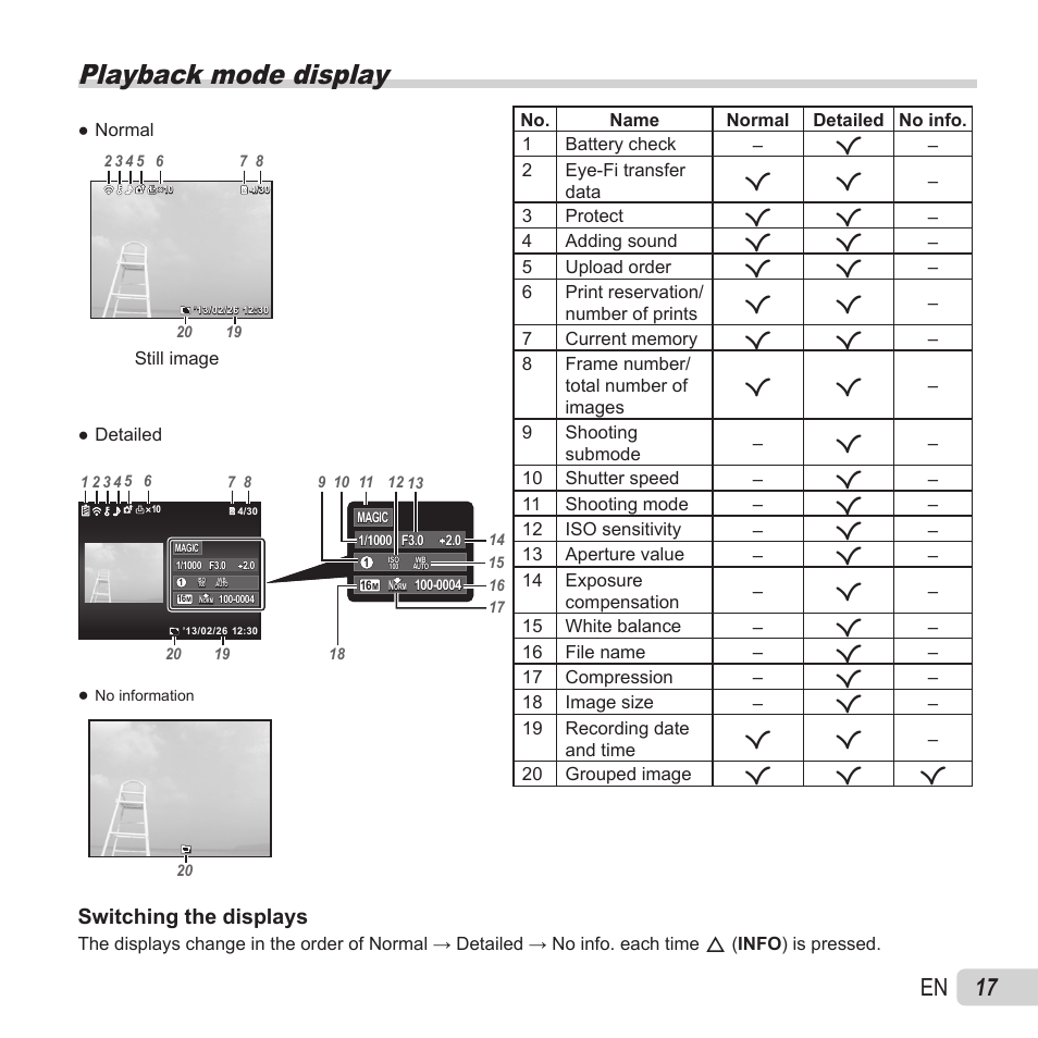 Playback mode display, 17 en, Switching the displays | Olympus VR-370 User Manual | Page 17 / 78