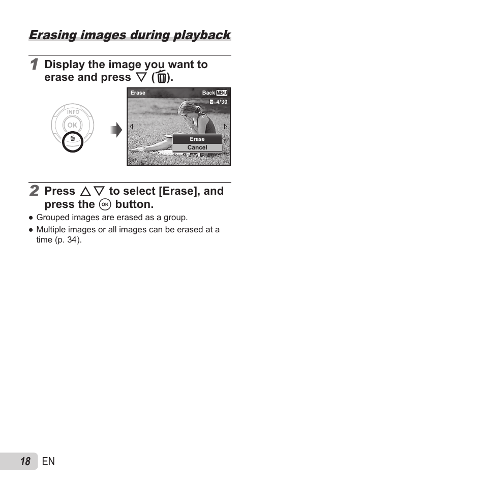 Erasing, Erasing images during playback, 18 en | Press fg to select [erase], and press the a button | Olympus VR-370 User Manual | Page 18 / 78