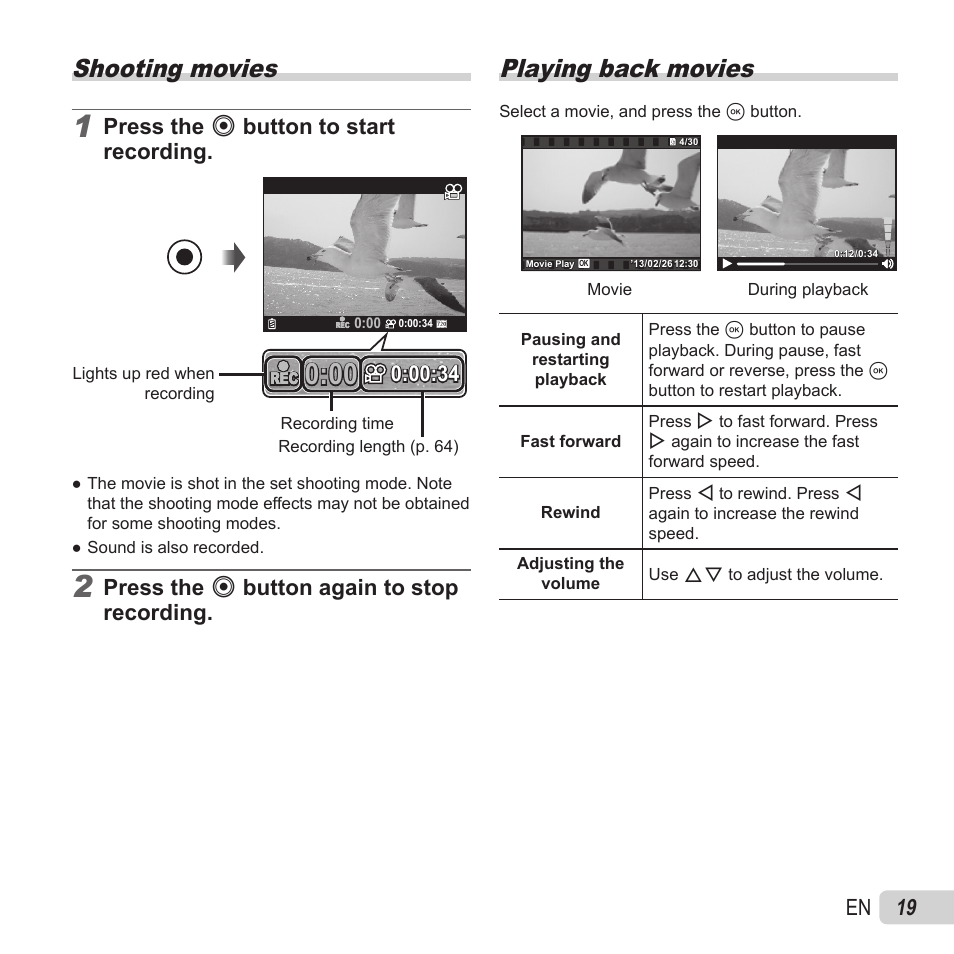 Shooting movies, Playing back movies, 19 en | Press the r button to start recording, Press the r button again to stop recording | Olympus VR-370 User Manual | Page 19 / 78