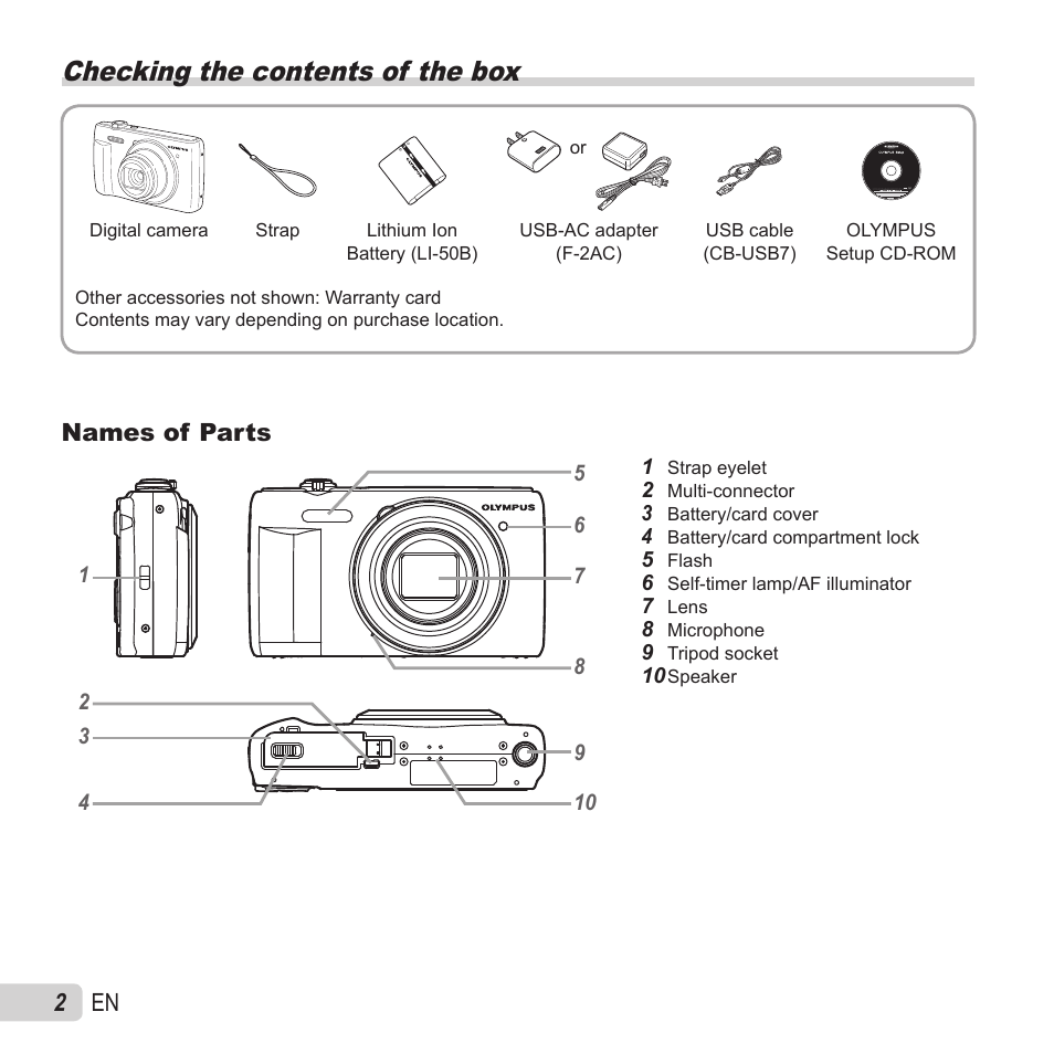 Preparing the camera, Checking the contents of the box, 2 en | Names of parts | Olympus VR-370 User Manual | Page 2 / 78