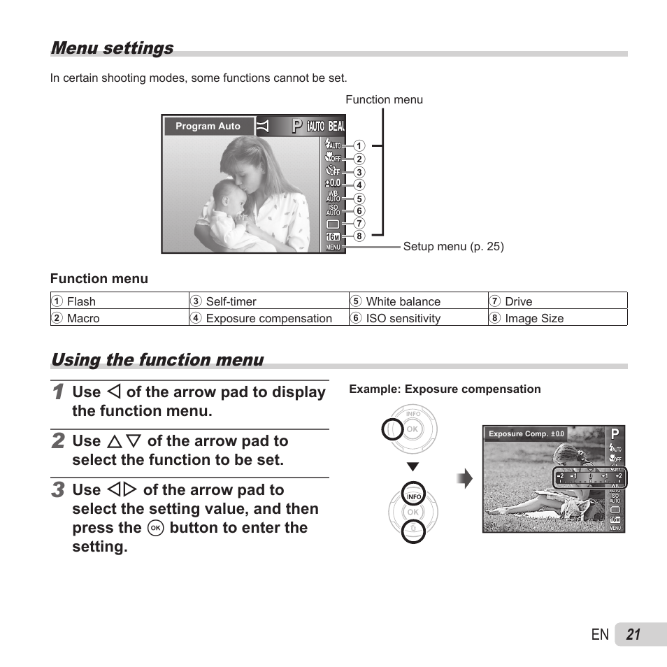 Menu settings, Using the function menu, 21 en | Function menu | Olympus VR-370 User Manual | Page 21 / 78