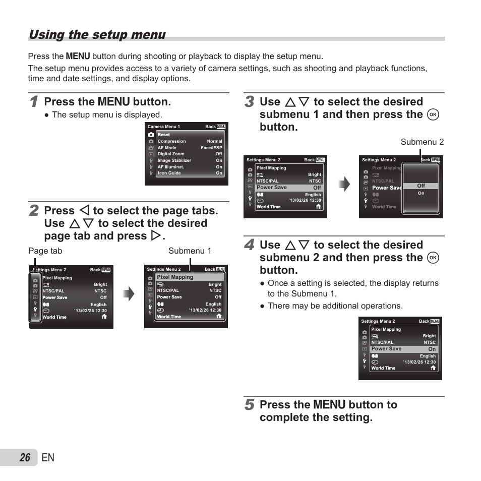 Using the setup menu, 26 en, Press the  button to complete the setting | Press the  button, Submenu 2, The setup menu is displayed, Page tab, Submenu 1 | Olympus VR-370 User Manual | Page 26 / 78