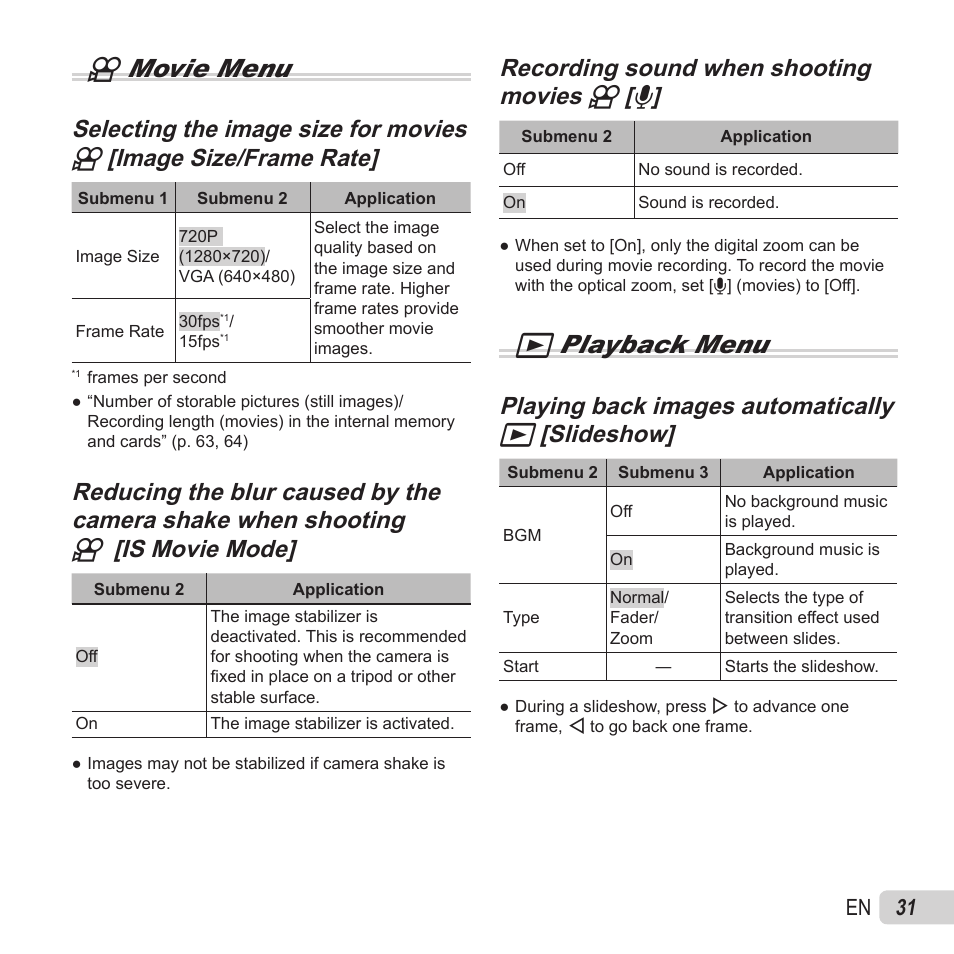 A movie menu, Q playback menu, Playing back images automatically | 31 en | Olympus VR-370 User Manual | Page 31 / 78