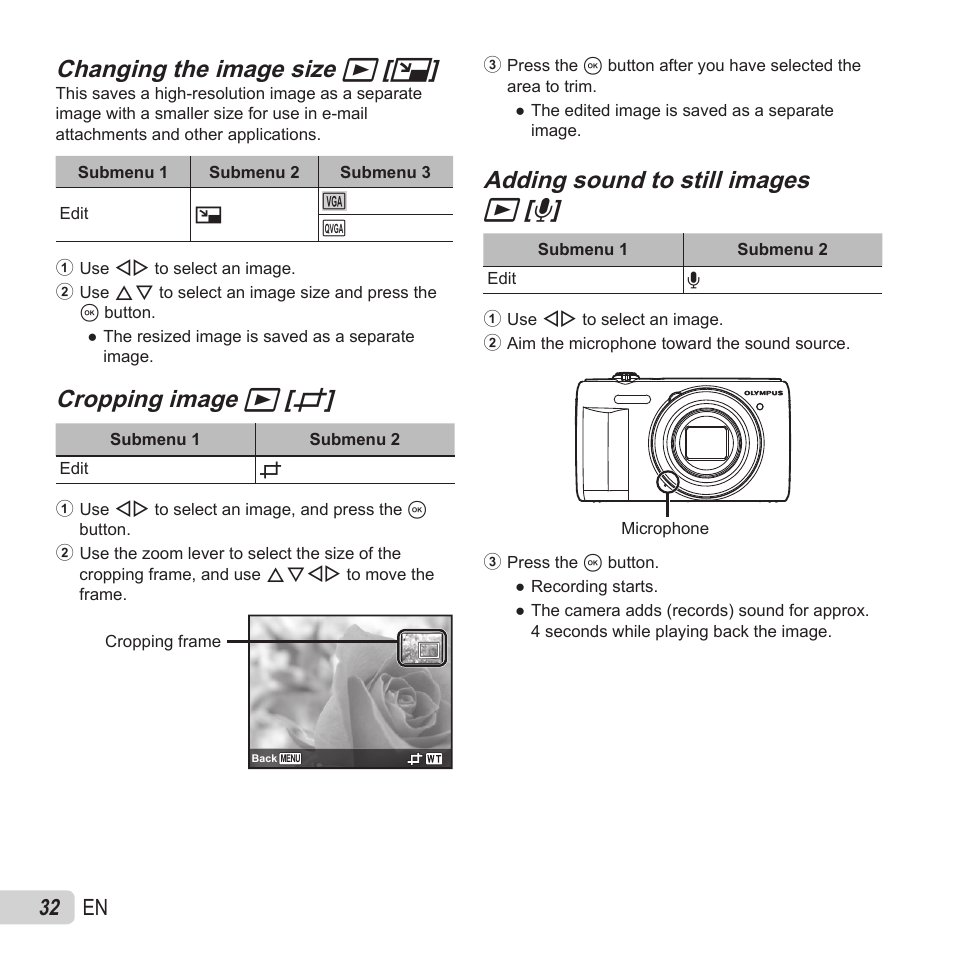 Changing the image size, Changing the image size q q [ [ q q, Cropping image | Cropping image q q [ [ p p, Adding sound to still images, Adding sound to still images q q [ [ r r, 32 en | Olympus VR-370 User Manual | Page 32 / 78