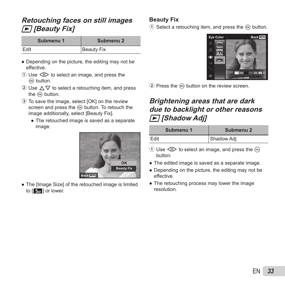 Retouching faces on still images, 33 en | Olympus VR-370 User Manual | Page 33 / 78