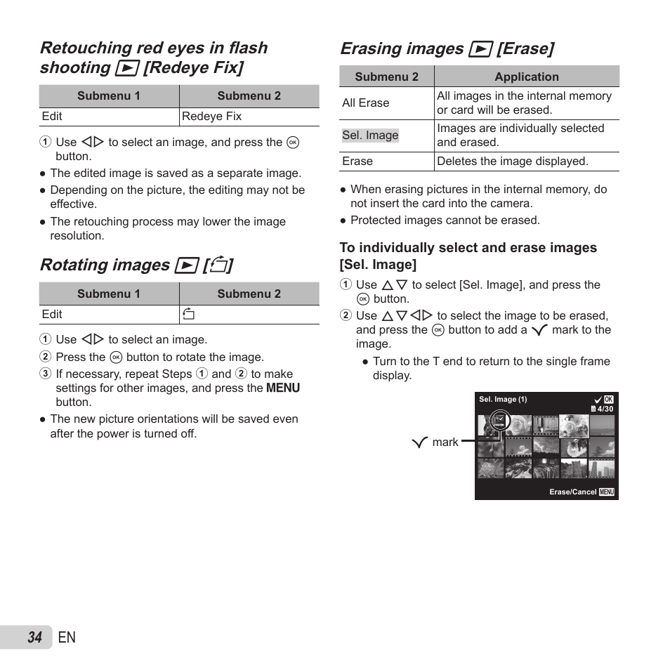Rotating images, Rotating images q q [ [ y y, Erasing images | Erasing images q q [erase] [erase, 34 en | Olympus VR-370 User Manual | Page 34 / 78