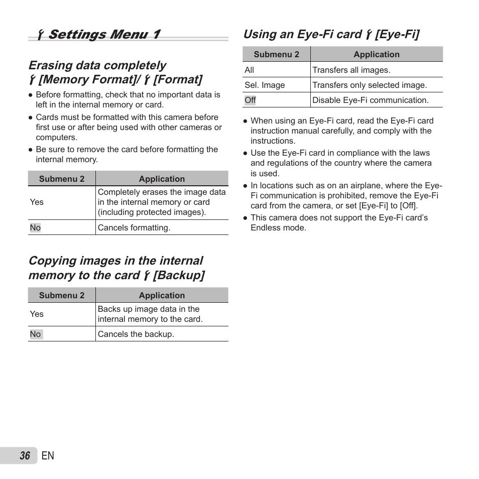 Dsettings menu 1, Erasing data completely, Using an eye-fi card | Using an eye-fi card dd [eye-fi] [eye-fi, 36 en | Olympus VR-370 User Manual | Page 36 / 78