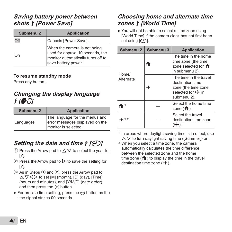 Changing the display language, Changing the display language dd [ [ l l, Setting the date and time | Setting the date and time dd [ [ x x, 40 en | Olympus VR-370 User Manual | Page 40 / 78