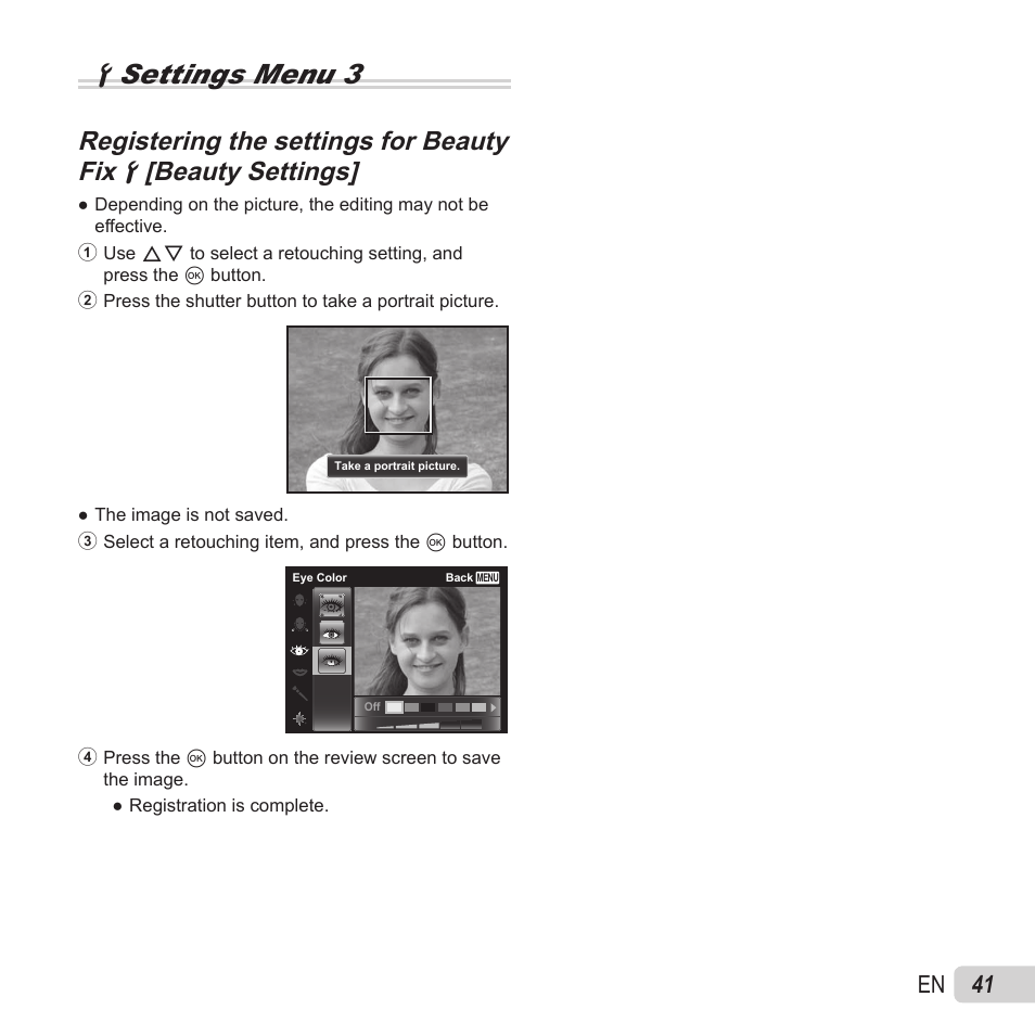 Dsettings menu 3, 41 en | Olympus VR-370 User Manual | Page 41 / 78