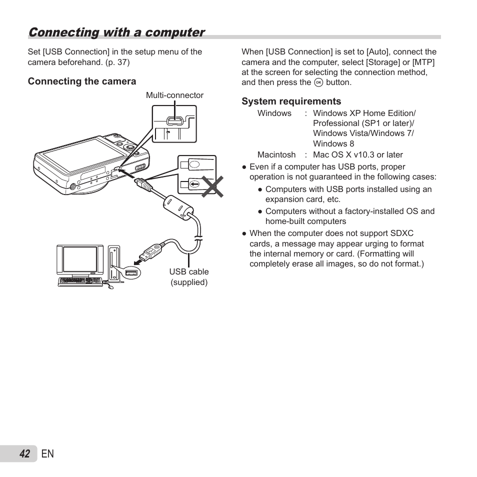 Connecting with a computer, 42 en | Olympus VR-370 User Manual | Page 42 / 78