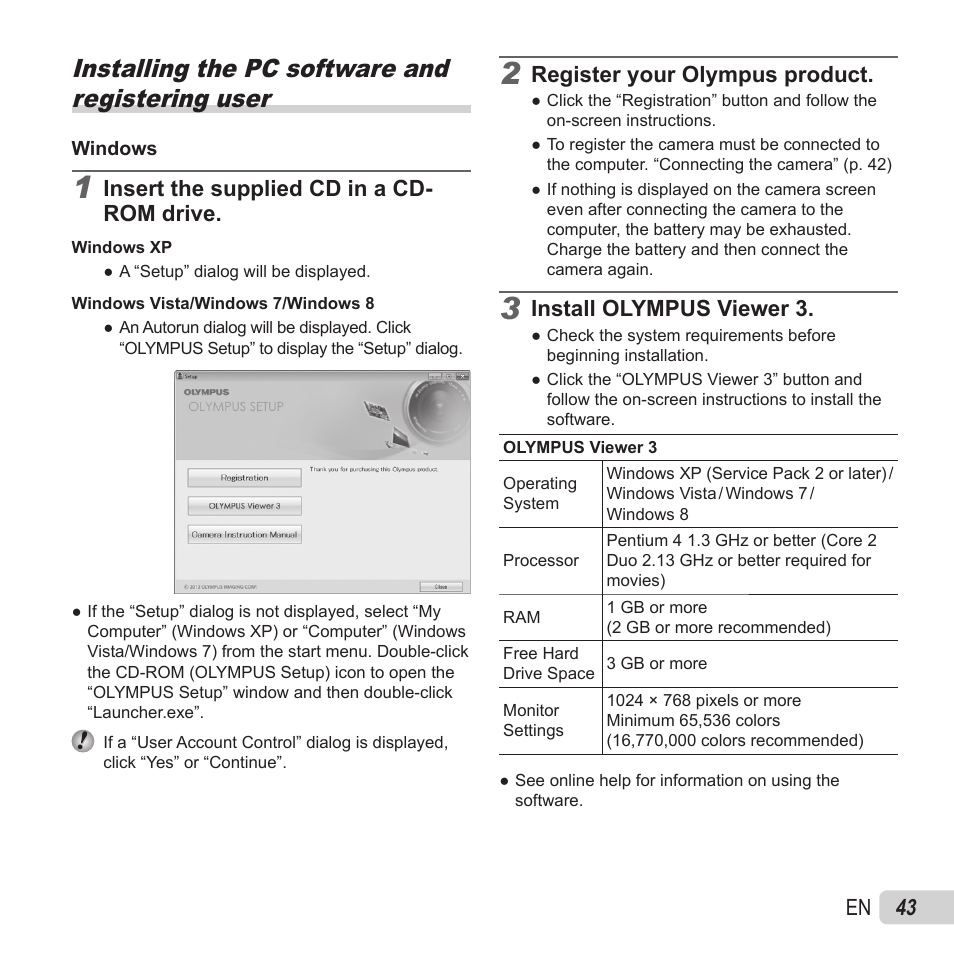 Installing the pc software and registering user, 43 en, Insert the supplied cd in a cd- rom drive | Register your olympus product, Install olympus viewer 3 | Olympus VR-370 User Manual | Page 43 / 78