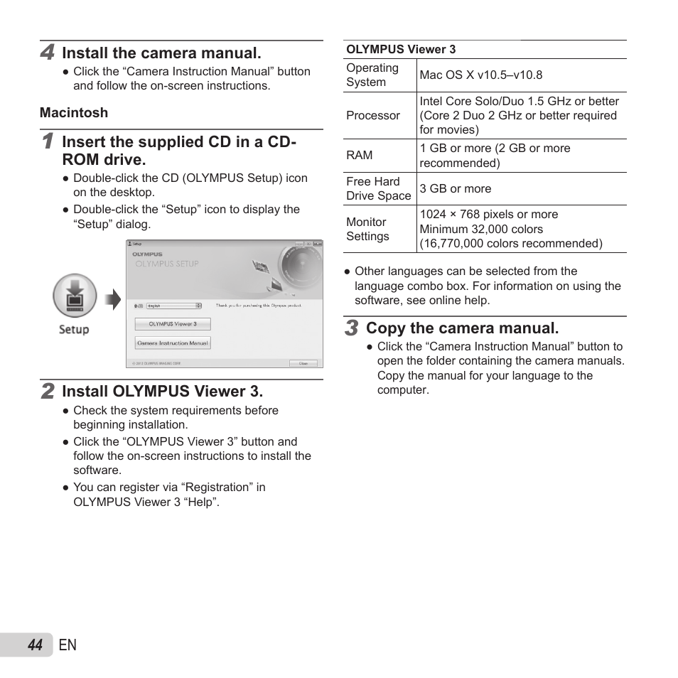 44 en, Install the camera manual, Insert the supplied cd in a cd- rom drive | Install olympus viewer 3, Copy the camera manual | Olympus VR-370 User Manual | Page 44 / 78