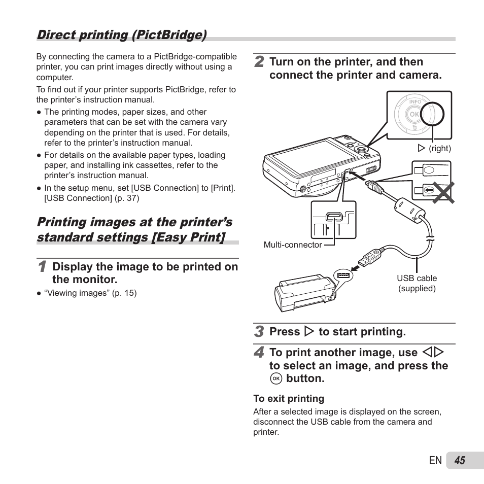 Printing, Direct printing (pictbridge) | Olympus VR-370 User Manual | Page 45 / 78