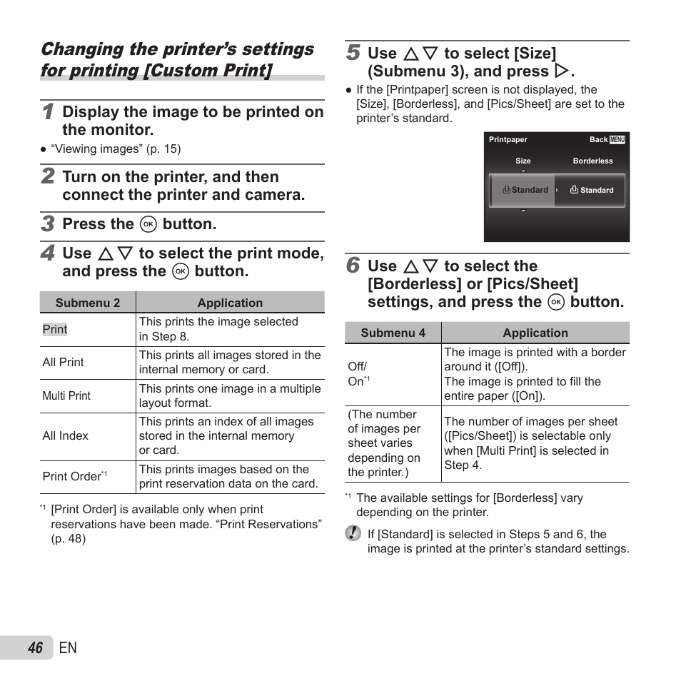 46 en, Display the image to be printed on the monitor, Press the a button | Use fg to select [size] (submenu 3), and press i | Olympus VR-370 User Manual | Page 46 / 78