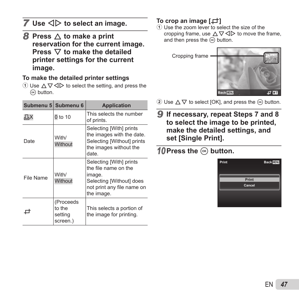 47 en, Use hi to select an image, Press the a button | Olympus VR-370 User Manual | Page 47 / 78