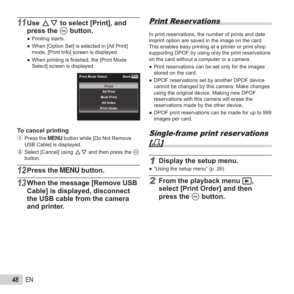 Print reservations, Single-frame print reservations, 48 en | Use fg to select [print], and press the a button, Press the  button, Display the setup menu | Olympus VR-370 User Manual | Page 48 / 78