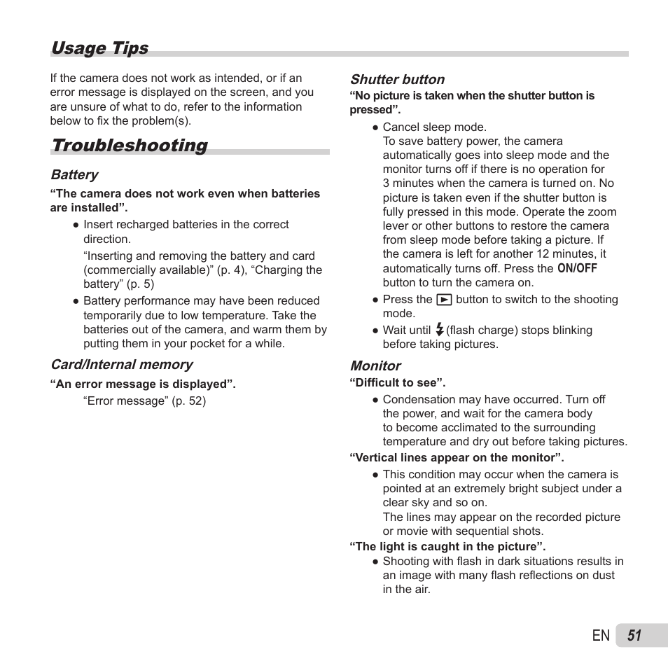 Usage tips, Troubleshooting, 51 en | Olympus VR-370 User Manual | Page 51 / 78