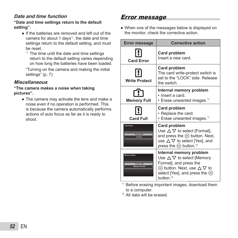 Error message, 52 en, Date and time function | Miscellaneous | Olympus VR-370 User Manual | Page 52 / 78