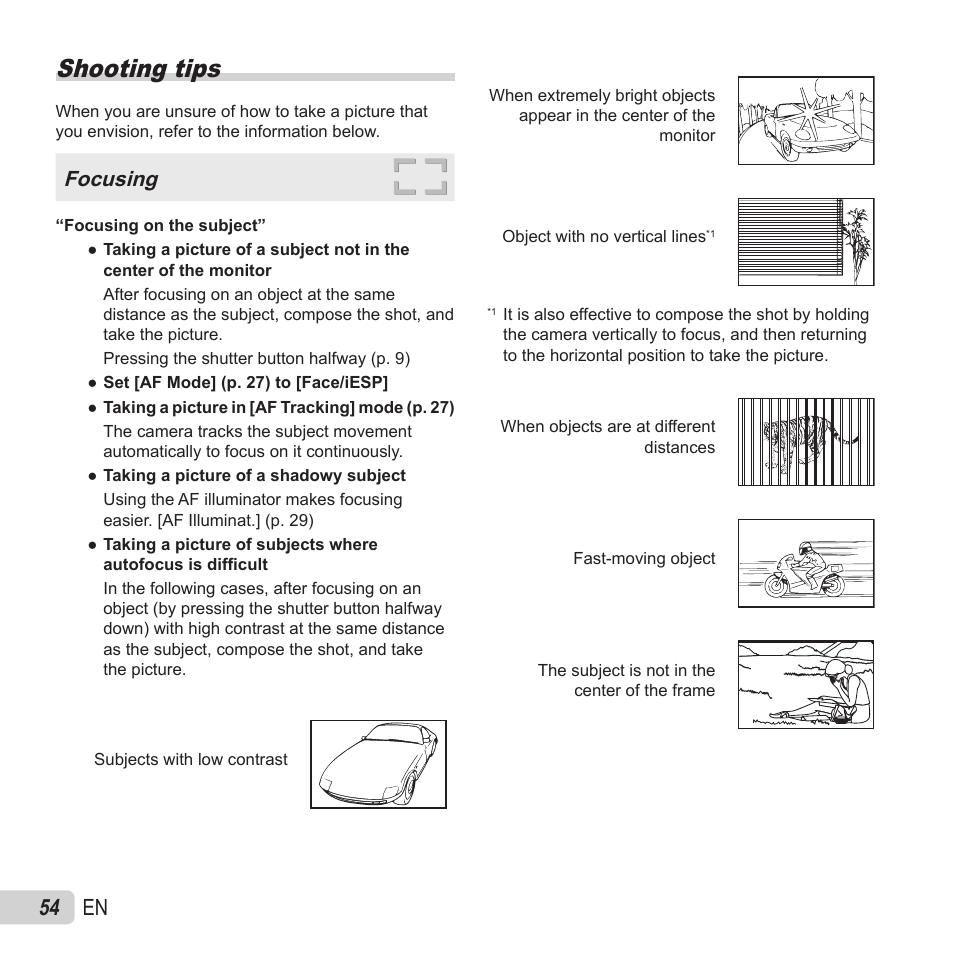 Shooting tips, 54 en, Focusing | Olympus VR-370 User Manual | Page 54 / 78