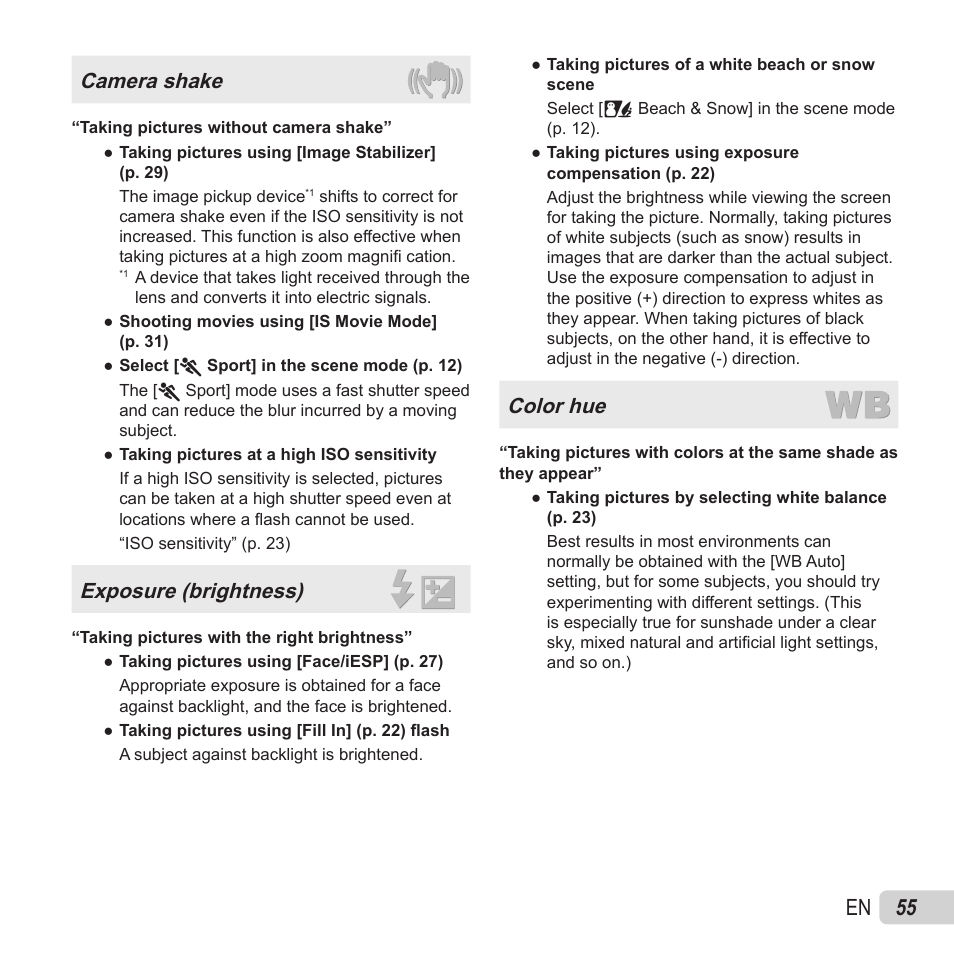 55 en, Camera shake, Exposure (brightness) | Color hue | Olympus VR-370 User Manual | Page 55 / 78