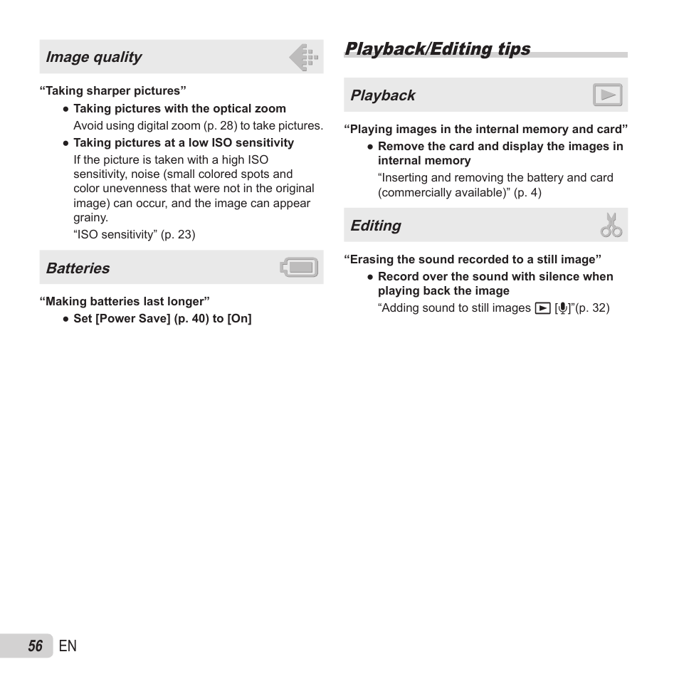 Playback/editing tips, 56 en, Image quality | Batteries, Playback, Editing | Olympus VR-370 User Manual | Page 56 / 78