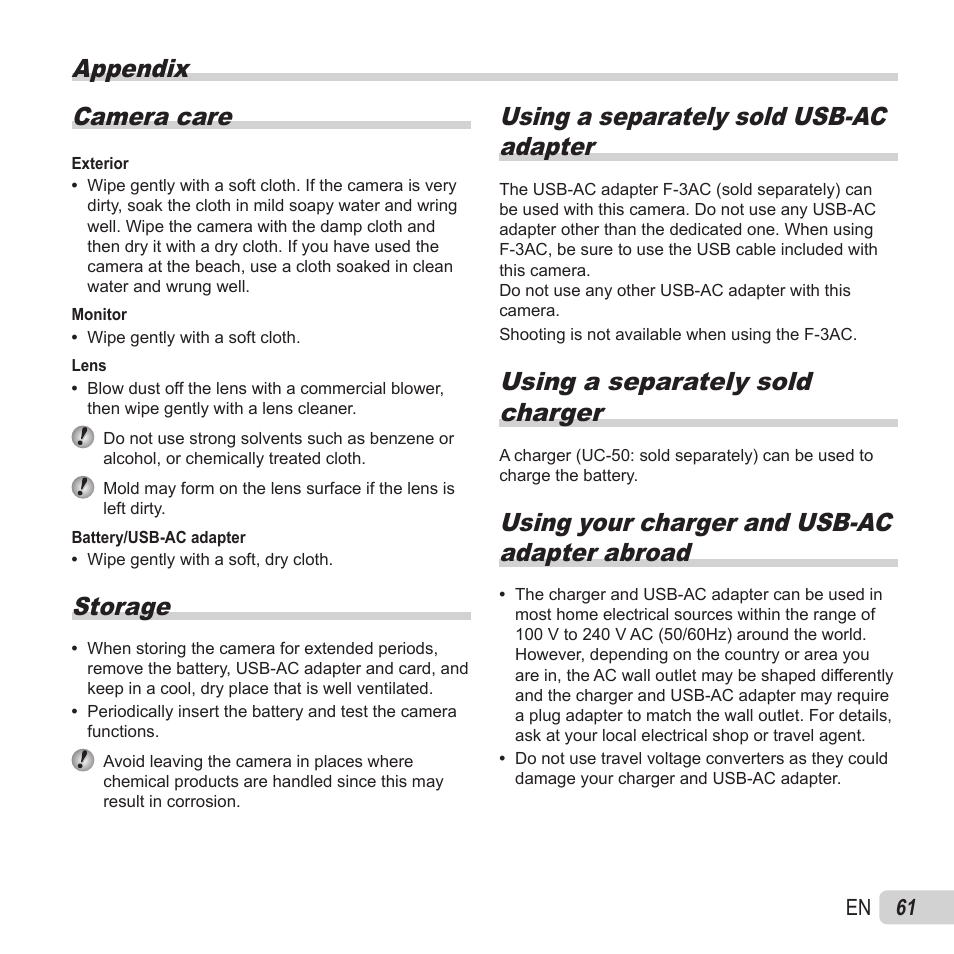 Appendix, Appendix camera care, Storage | Using a separately sold usb-ac adapter, Using a separately sold charger, Using your charger and usb-ac adapter abroad, 61 en | Olympus VR-370 User Manual | Page 61 / 78