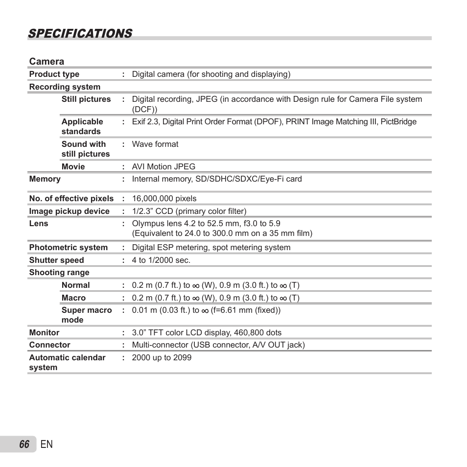 Specifications, 66 en | Olympus VR-370 User Manual | Page 66 / 78