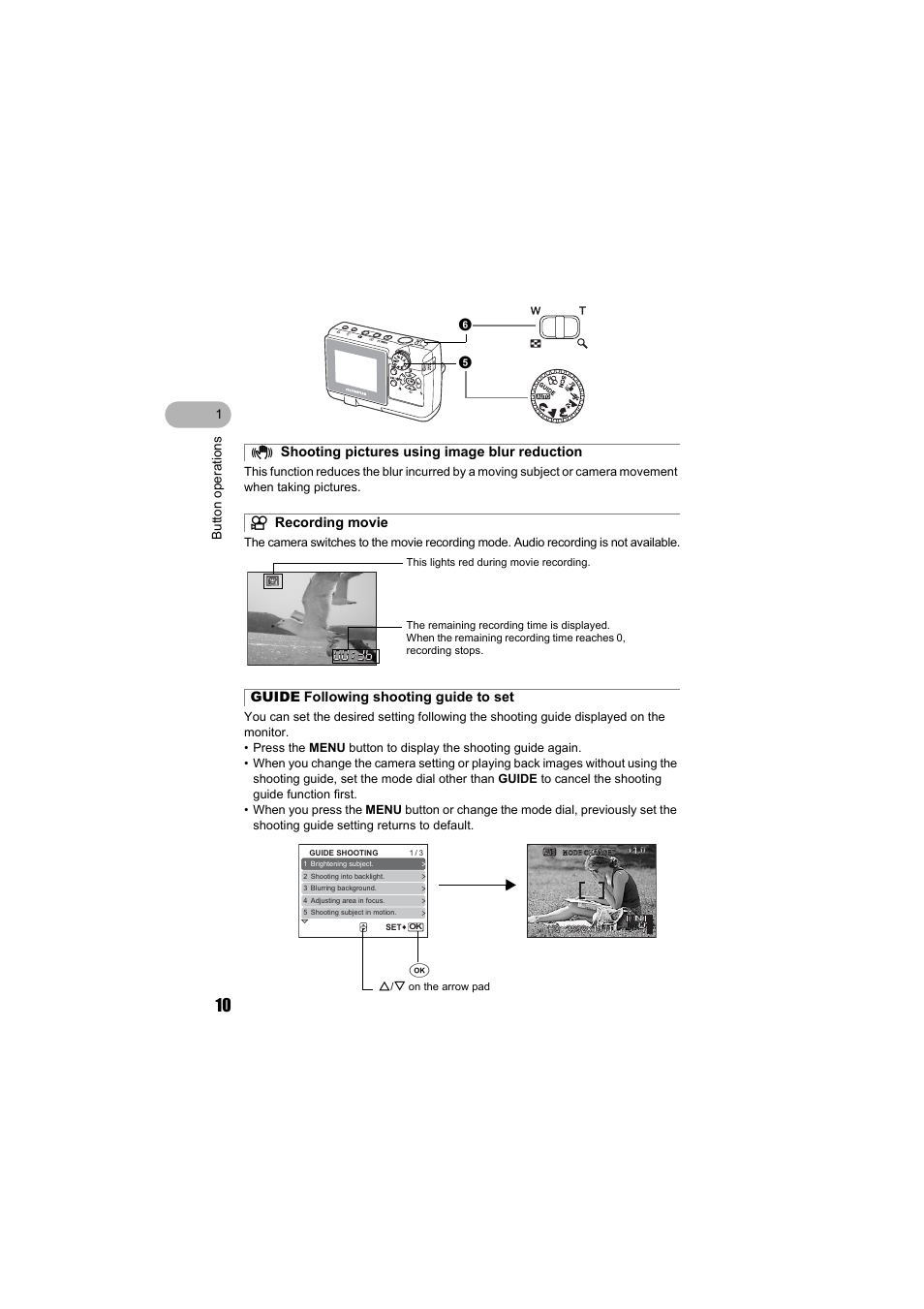 D image stabilization, Movie recording mode, Guide mode | Olympus FE-130 User Manual | Page 10 / 80
